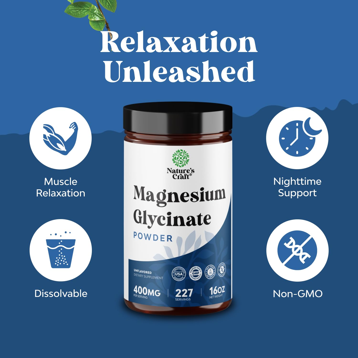 Potent Magnesium Glycinate Powder 400mg - Calm Magnesium Powder Bulk for Muscle Relax, Calm & Sleep Support for Adults - Glycinate Mag Soothe Vegan & Non-GMO Supplement - 1 Pack Natures CraftBuy Supplements Australia
