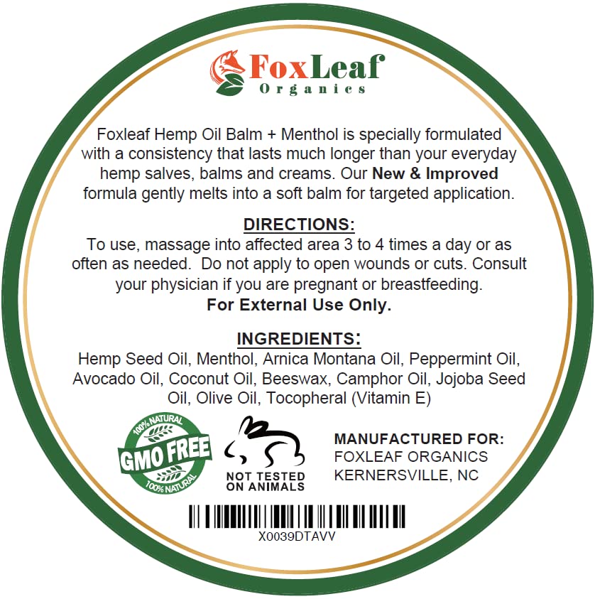 Hemp Oil Balm with Arnica, Camphor, Menthol & Peppermint, Herbal Cooling Balm for Muscles, Joints, Knees, Back & Body, Made in USA, 2oz FOXLEAFBuy Supplements Australia