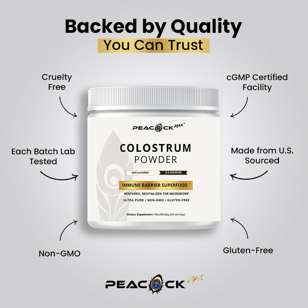 Peacock Max Colostrum Powder – 60g (30 Servings), Unflavored Bovine Colostrum Supplement, Superfood for Hair, Skin & Gut Health, Gluten-Free, Non-GMO Peacock MaxBuy Supplements Australia
