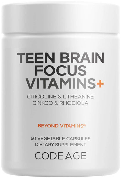 Codeage Teen Brain Focus Vitamins+ Citicoline Cognizin, L-Theanine, Ginkgo, Rhodiola, Lavender, Magnesium, Vitamin B6, B12, Folate Codeage