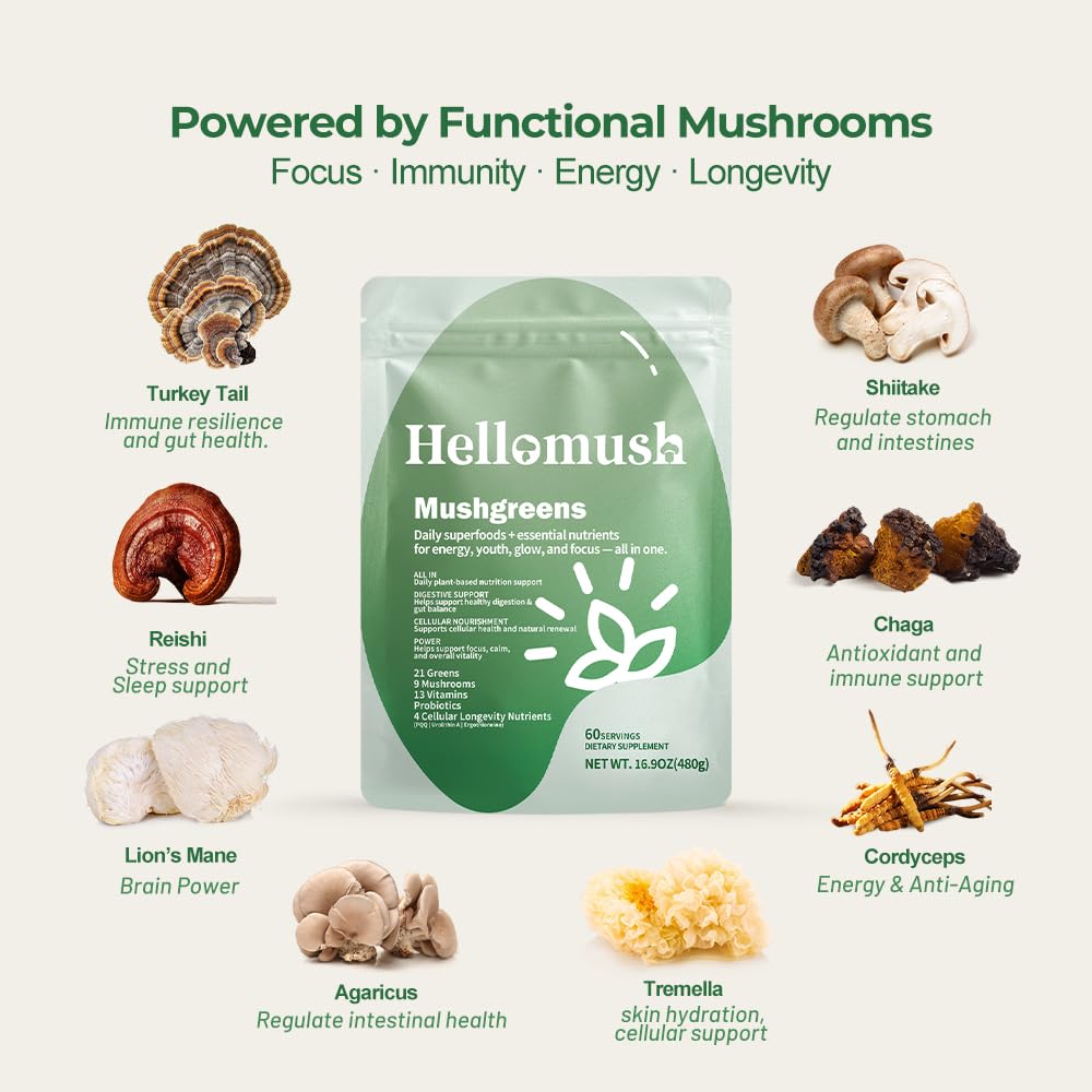 Hellomush Super Greens Powder Superfood, Daily Green Powder Supplement with Probiotics Drink Mix for Men & Women, Blend of Greens, Mushrooms, Vitamins, Probiotics and Cellular Nutrients HellomushBuy Supplements Australia