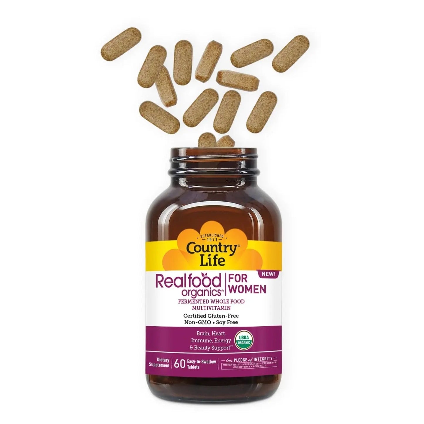 Country Life Realfood Organics Women’s Multivitamin – USDA Organic, Vegan, Gluten-Free – 1,300mg Fermented Whole Foods, Vitamins D, E, B, Folate & Biotin Country Life