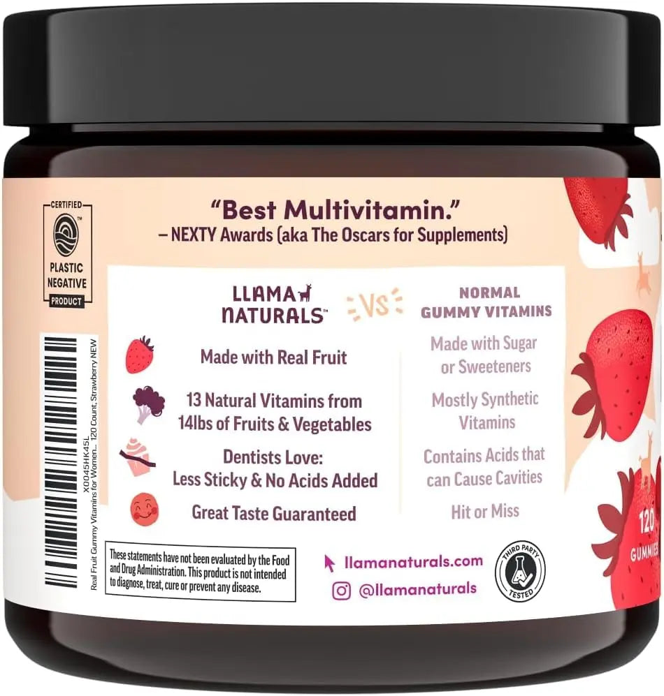 Llama Naturals Multivitamin for Women, Vegan, Organic Gummies with Vitamin D, C and K, Women's Real Fruit Gummy Vitamins Llama Naturals
