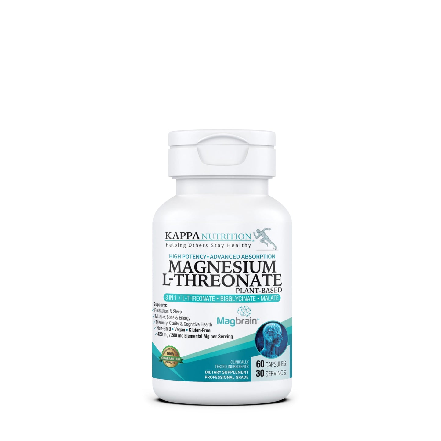 Kappa Nutrition Powered by Magbrain™ Magnesium L-Threonate Plant-Based, 60 Vegan Capsules, 420mg Elemental Magnesium (3 Capsules) from 2,253mg