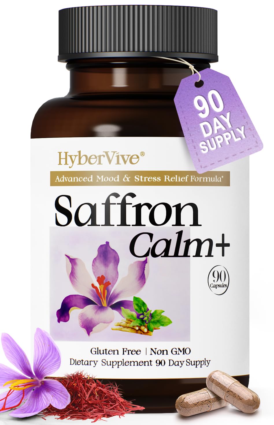 HyberVive Saffron Supplements with Ashwagandha & L-Theanine - 368.5MG - Mood Balance, Stress Relief & Mental Clarity – Cortisol Support for Women & Men, Made in USA, 90 Vegan Capsules HyberViveBuy Supplements Australia