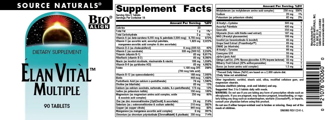 Source Naturals Elan Vital Multiple, for Multiple Body System Support* - 90 Tablets Source NaturalsBuy Supplements Australia