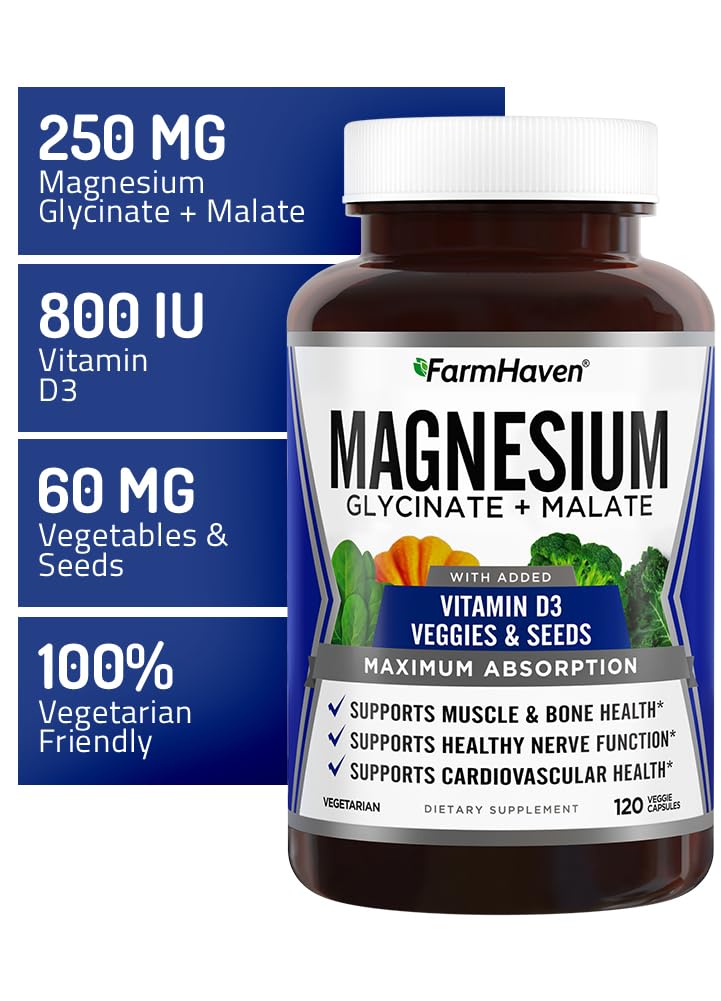 FarmHaven Magnesium Complex –Magnesium Glycinate & Malate w/Vitamin D3, 100% Chelated for Max Absorption, Vegetarian – Bone Health
