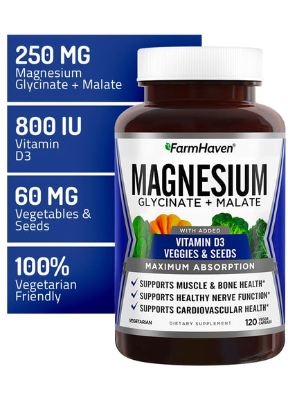 FarmHaven Magnesium Complex –Magnesium Glycinate & Malate w/Vitamin D3, 100% Chelated for Max Absorption, Vegetarian – Bone Health