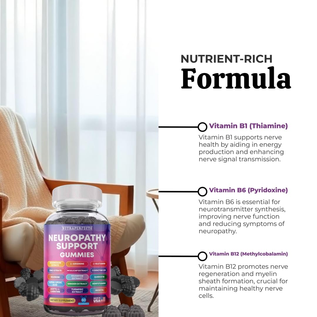 Sugar Free Neuropathy Support Gummies for Nerve – Enhanced Nerve Health, Regeneration, Cognitive Support with Vitamin B1, B6, B12, Magnesium, ALA, Turmeric, CoQ10 & More NutraPerfectoBuy Supplements Australia