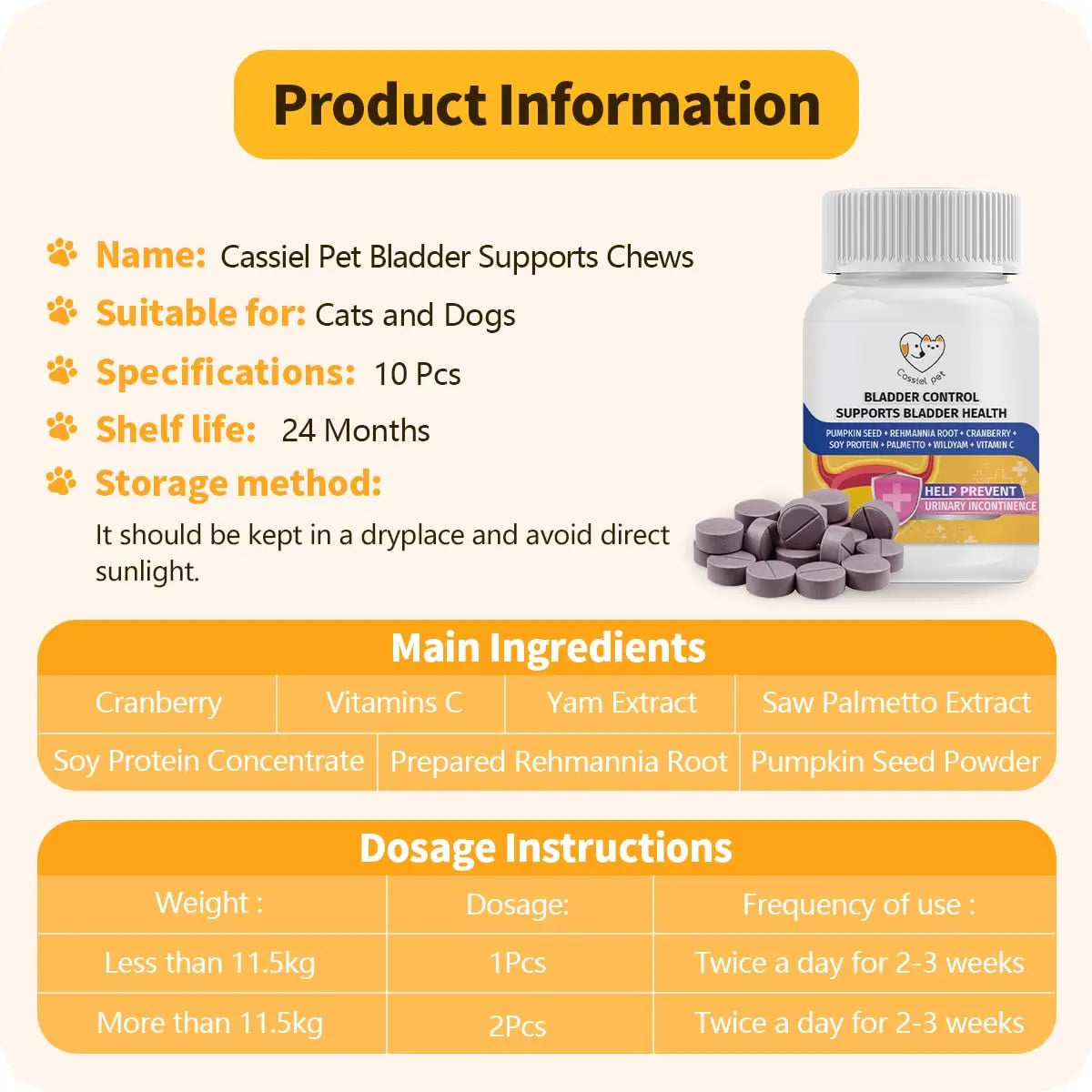 Cassiel Pet Bladder Supports Chews for Urinary Tract Health, Infection Treatments, Bladder Health, Dog UTI, Bladder Stones, Incontinence Support, Urinary Pain Relief for Cat & Dog 10 Chews (1 Bottle) Cassiel petBuy Supplements Australia