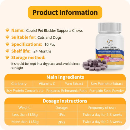 Cassiel Pet Bladder Supports Chews for Urinary Tract Health, Infection Treatments, Bladder Health, Dog UTI, Bladder Stones, Incontinence Support, Urinary Pain Relief for Cat & Dog 10 Chews (1 Bottle) Cassiel petBuy Supplements Australia