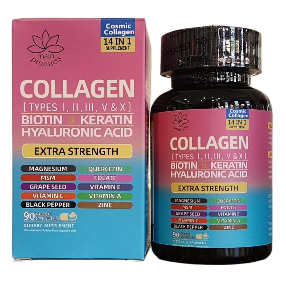 Collagen Peptides Types I, II, III, V & X, 64000 MCG, 14 in 1, Biotin, Keratin, Hyaluronic Acid, Magnesium, MSM, Grape Seed, Vitamin A C & E, Black Pepper, Quercetin, Folate, Zinc (90 Veggie Caps) Main ProductsBuy Supplements Australia