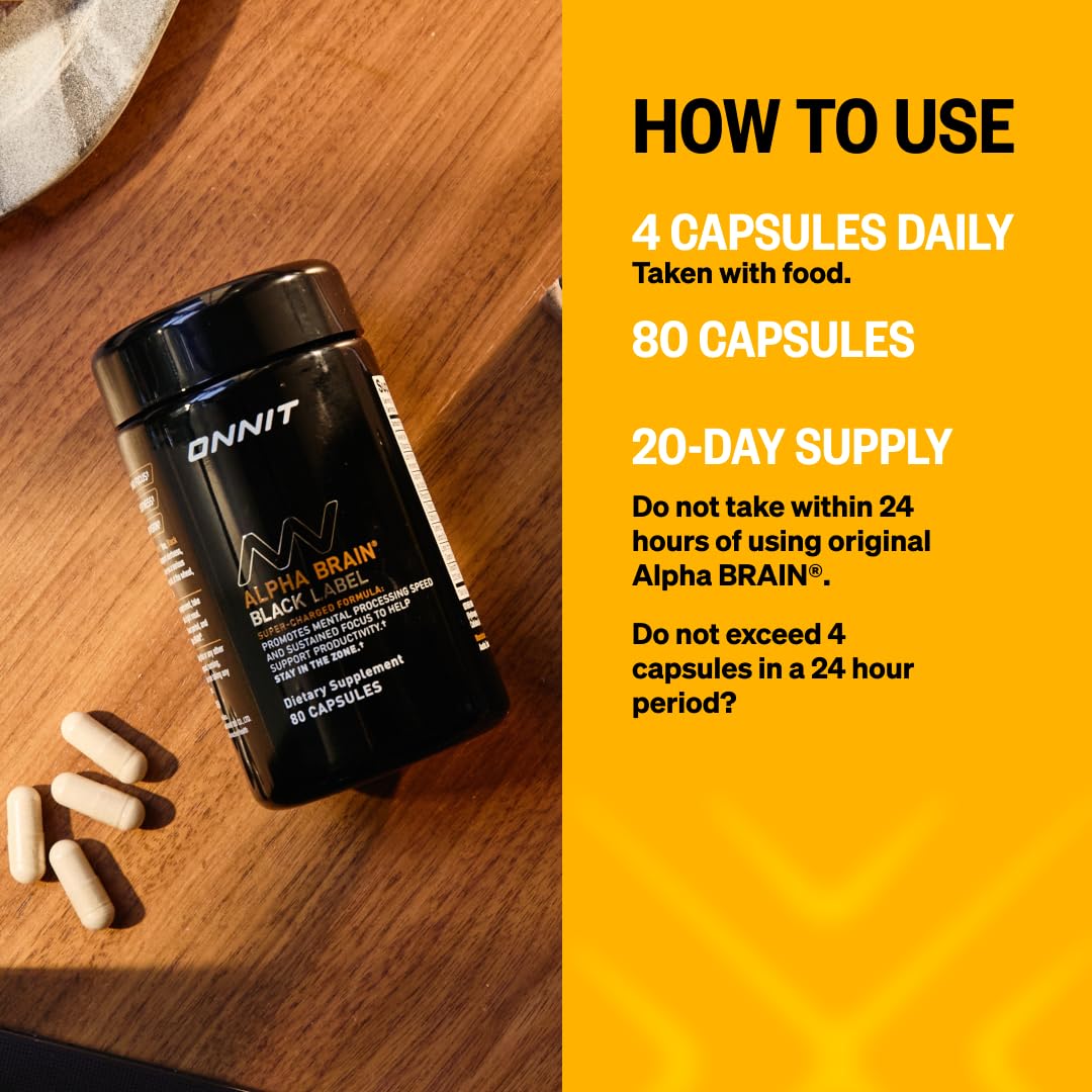 ONNIT Alpha Brain Black Label Capsules, IGEN Non-GMO Tested Citicoline Brain Supplement for Concentration and Memory, Lion’s Mane, Lutemax Lutein, L Theanine and Mucuna Pruriens, 80 Count ONNITBuy Supplements Australia