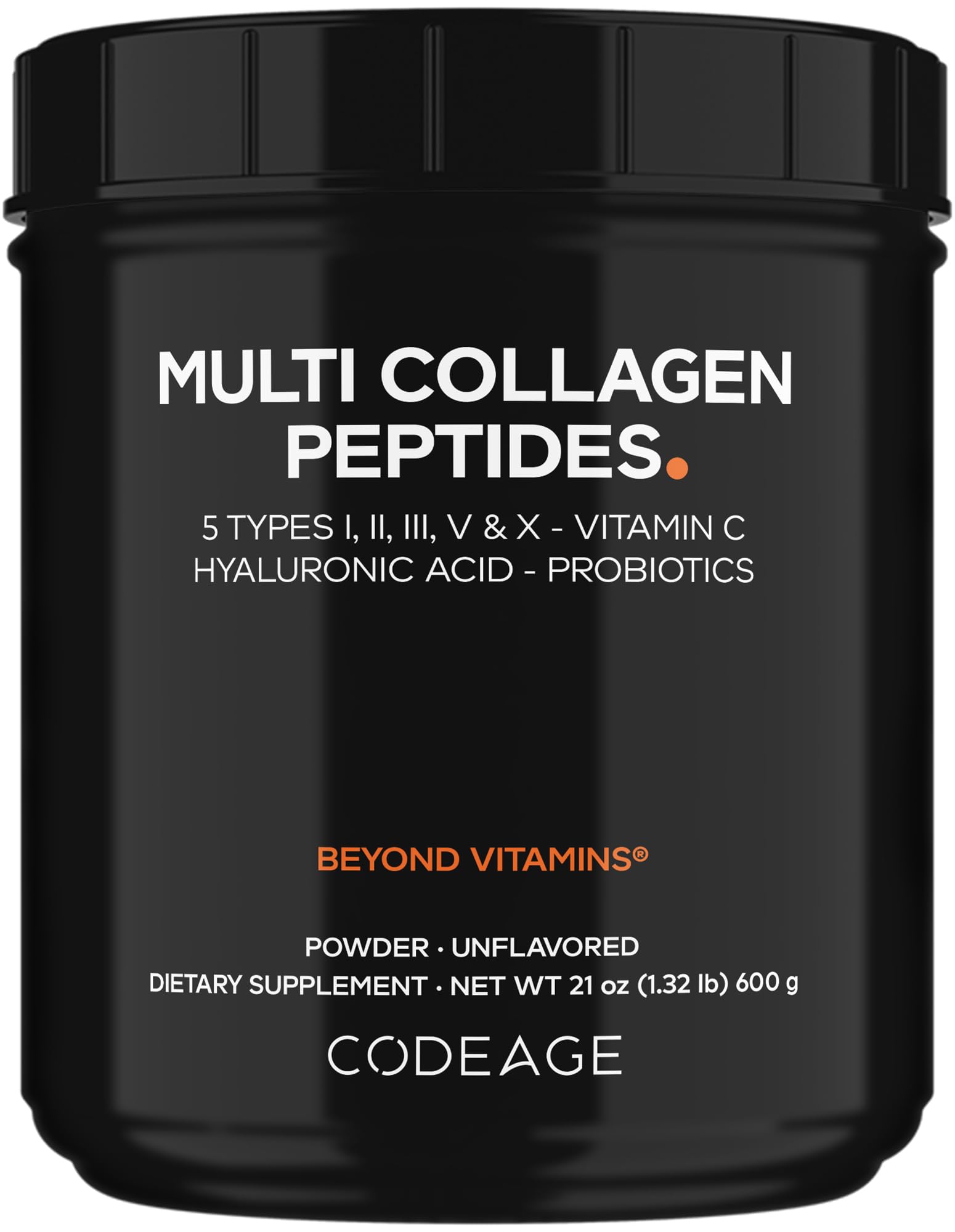 Codeage Multi Collagen Peptides + Probiotics Black Edition, Vitamin C, Hyaluronic Acid Powder Supplement, Grass-Fed, Pasture-Raised, Hydrolyzed, Zero Carbs, Type I, II, III, V & X, Unflavored, 21oz CodeageBuy Supplements Australia