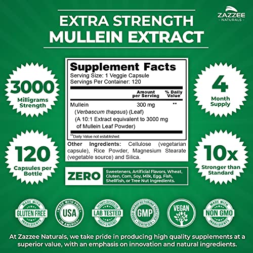 Zazzee Extra Strength Mullein 10:1 Extract, 3000 mg Strength, 120 Vegan Capsules ZazzeeBuy Supplements Australia