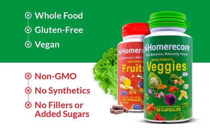 HOMERECORE Whole Food Fruits & Veggies Supplement Plant-Based, Vegan, Gluten-Free, Soy-Free No Fillers Natural Superfoods Boost Energy & Immune System for Men & Women 90 Fruit & 90 Veggie Capsules HOMERECOREBuy Supplements Australia