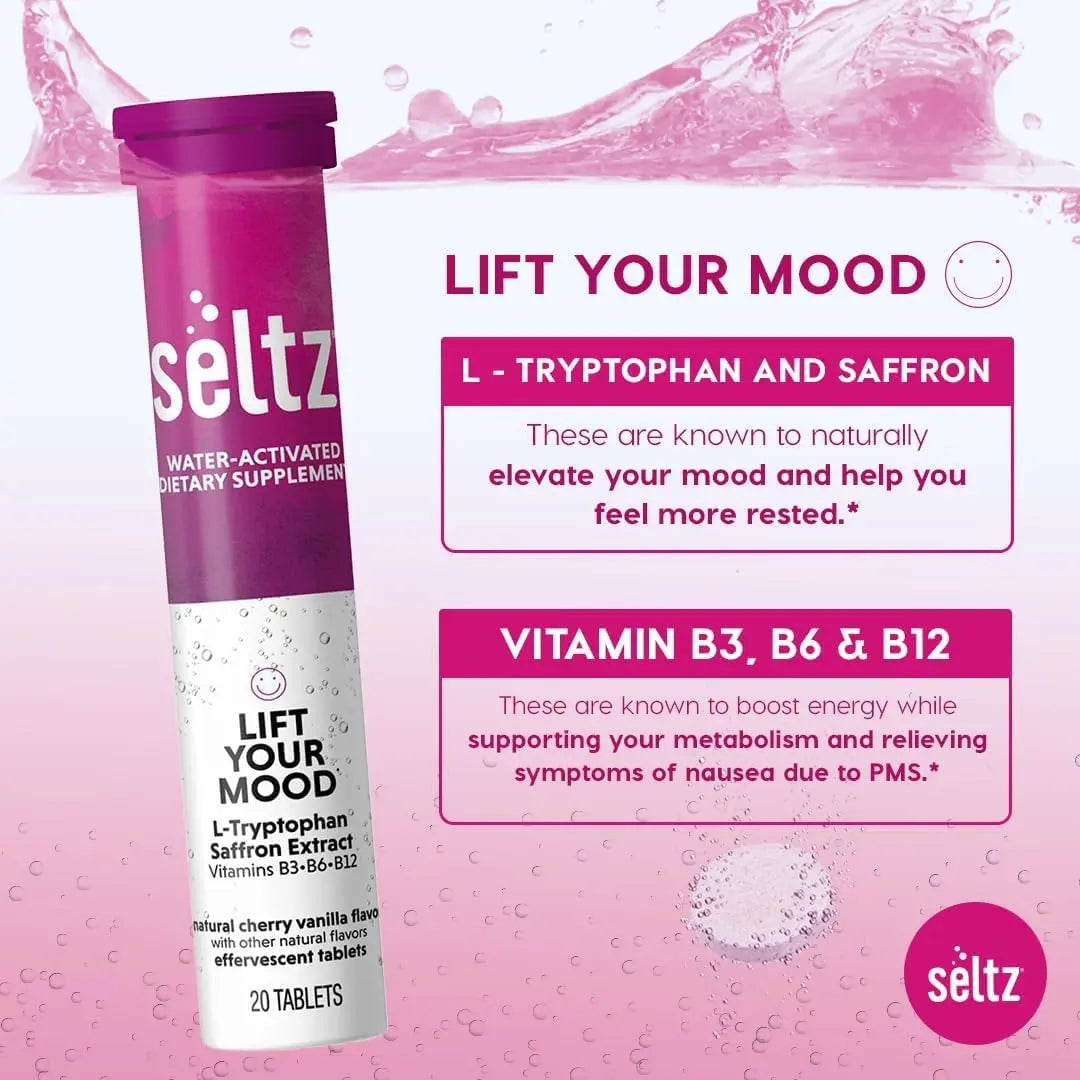 Seltz® Lift Your Mood – Effervescent Vitamins for Mood Support & Energy with L-Tryptophan, Saffron Extract & B Vitamins (B3, B6, B12) SeltzBuy Supplements Australia