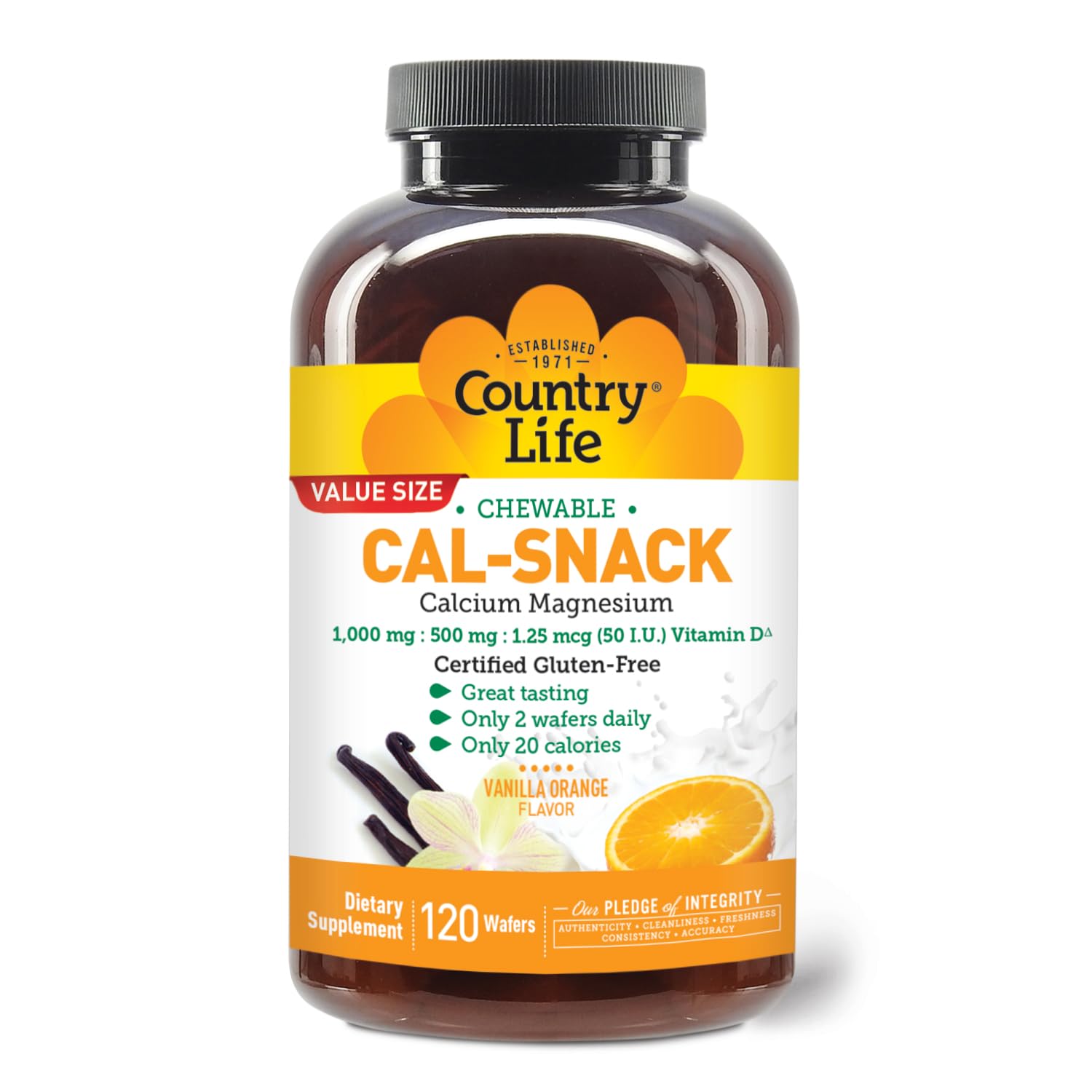 Country Life Cal-Snack - Chewable Calcium Magnesium Supplement wafers with Vitamin D3, Easy to Digest, Vanilla Orange Flavor, Dietary Supplement Country LifeBuy Supplements Australia