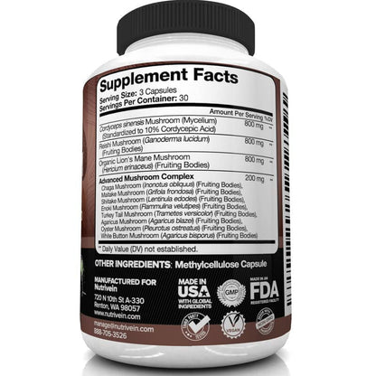 Nutrivein Mushroom Supplement - 2600mg - 90 Capsules - 11 Organic Mushrooms NutriveinBuy Supplements Australia