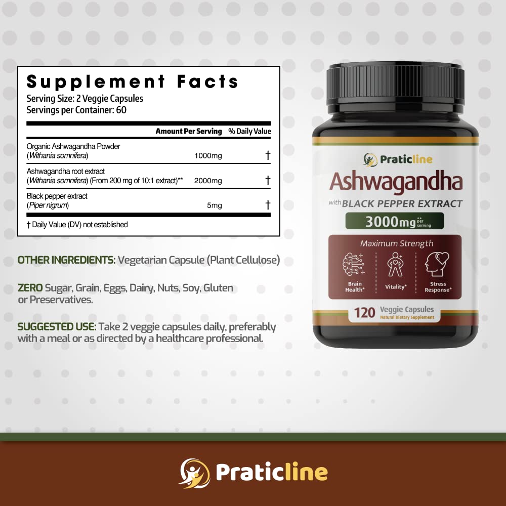 PRATIC LINE Ashwagandha Capsules 3,000 mg - 120 Vegan Cap Made with Organic PRATIC LINEBuy Supplements Australia