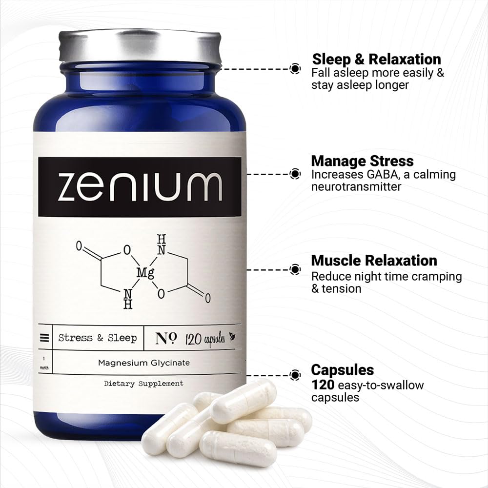Zenium - Magnesium Glycinate for Sleep, Chelated, 600mg per Serving, 120 Capsules | High Absorption | Relieve Tension, Worry, Nervousness | Calm The Mind & Body | Ayurvedic | Natural Relief Supplement ZeniumBuy Supplements Australia