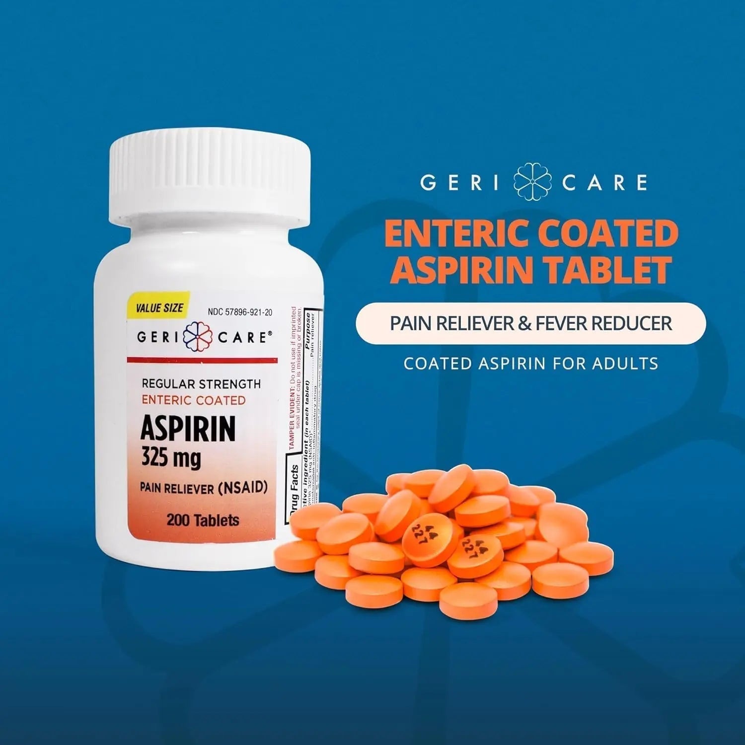 GeriCare Enteric Coated Aspirin Tablets 325mg (200 Count) NSAID Pain Reliever & Fever Reducer for Adults- Regular Strength Aspirin for Headache Arthritis Menstrual & Muscle Pain GeriCareBuy Supplements Australia