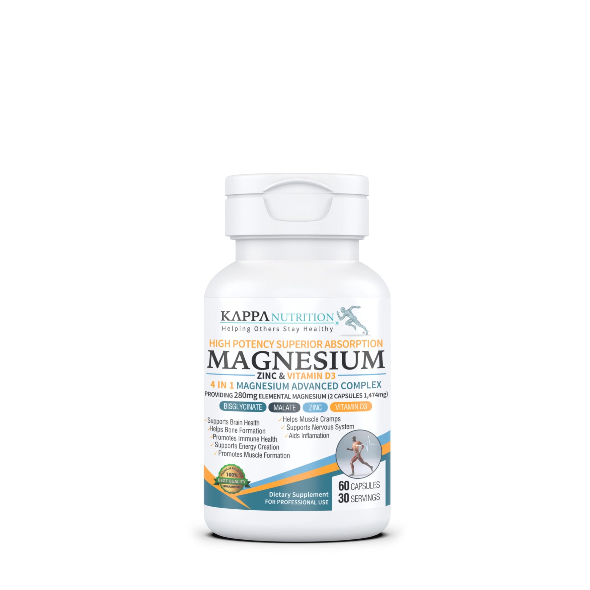 Kappa Nutrition Magnesium 4-in-1, 280mg Elemental Magnesium (Bisglycinate, Malate) + Zinc & Vitamin D3, Brain, Sleep, Energy, Muscle, Immune Support, 60 Vegan Capsules. KAPPA NUTRITIONBuy Supplements Australia