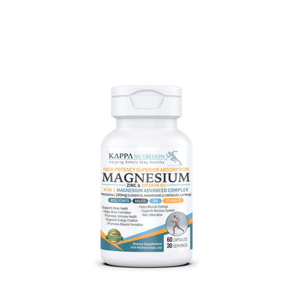 Kappa Nutrition Magnesium 4-in-1, 280mg Elemental Magnesium (Bisglycinate, Malate) + Zinc & Vitamin D3, Brain, Sleep, Energy, Muscle, Immune Support, 60 Vegan Capsules. KAPPA NUTRITIONBuy Supplements Australia