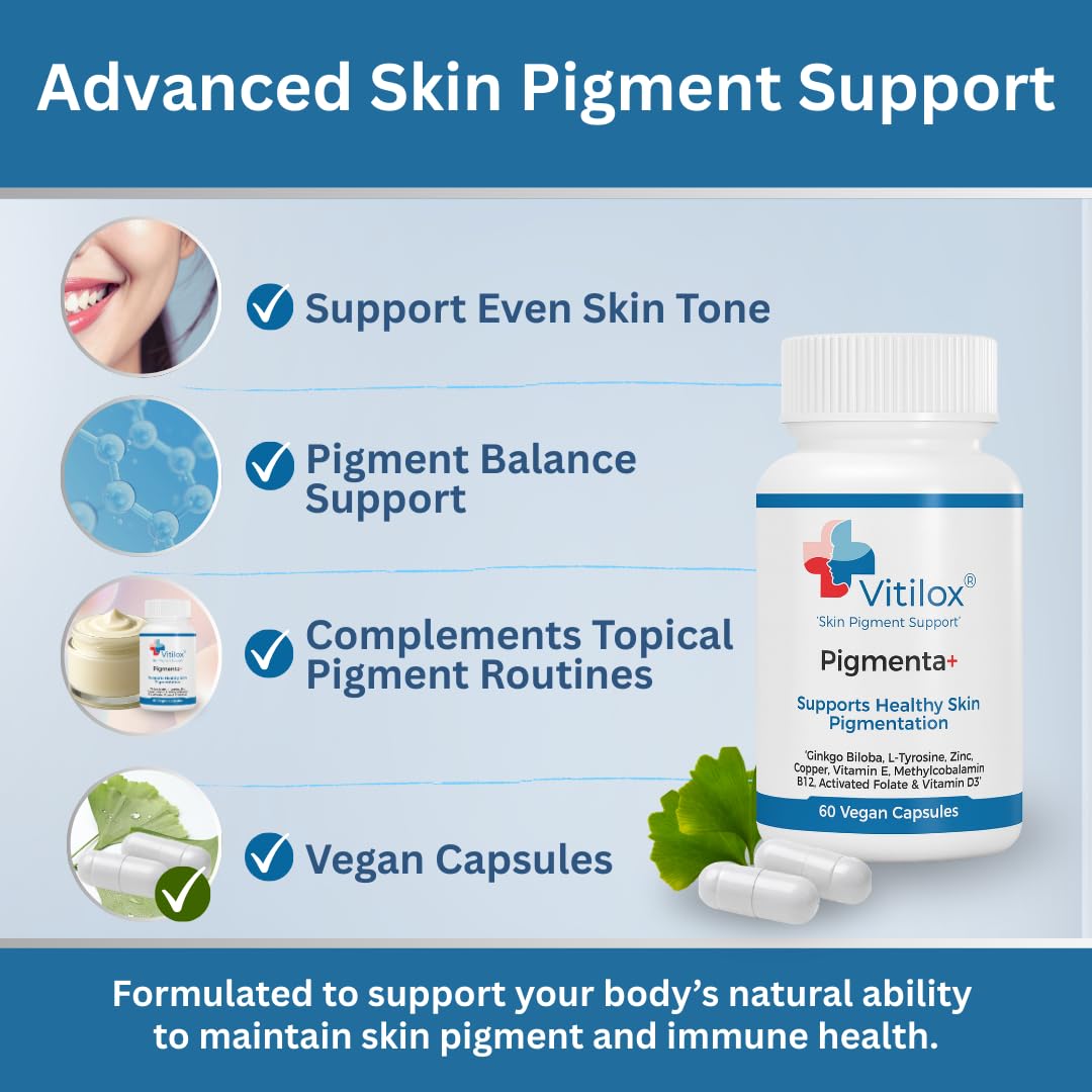 Vitilox Pigmenta+ Advanced, Skin Tone Support Supplement – 60 Tablets | 2 Months | Natural Vitiligo Skin Pigmentation Support | Reduce White Body Spots VitiloxBuy Supplements Australia