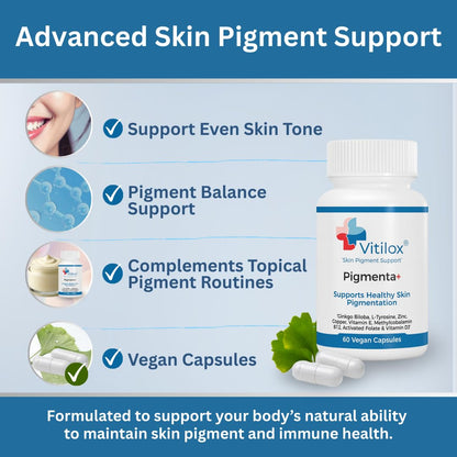 Vitilox Pigmenta+ Advanced, Skin Tone Support Supplement – 60 Tablets | 2 Months | Natural Vitiligo Skin Pigmentation Support | Reduce White Body Spots VitiloxBuy Supplements Australia