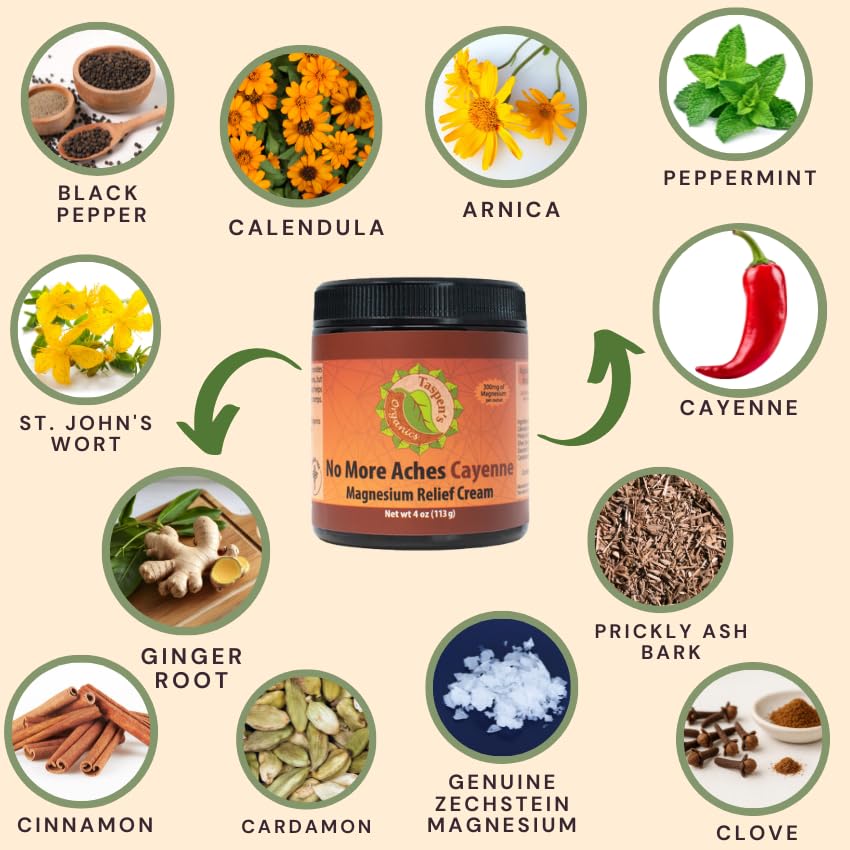 Taspen's Organics Magnesium No More Aches Cayenne Relief Cream – Pain, Tension & Nerve Comfort – Muscle Relief – Warming with Cayenne, Ginger, Arnica & St. John's Wort – Topical Fast Relief (1.7 oz) Taspen's OrganicsBuy Supplements Australia