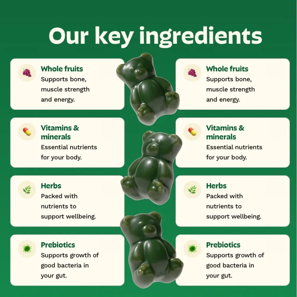 Gruns Adults Super Greens Multivitamin Gummies, Superfood Vitamin Gummy Bears with Spirulina, Chlorella, Prebiotic Fiber for Digestive Health GrünsBuy Supplements Australia