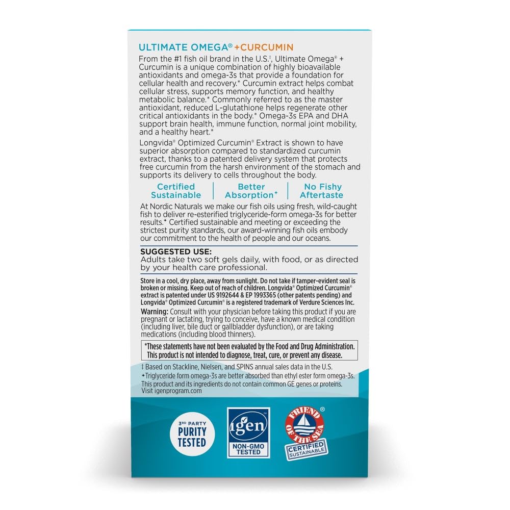 Nordic Naturals Omega Curcumin, Lemon - 60 Soft Gels - 1200 mg Omega-3 + 400 mg Optimized Curcumin - Combats Cellular Stress - Non-GMO - 30 Servings Nordic NaturalsBuy Supplements Australia