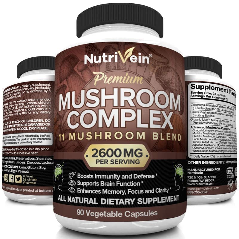 Nutrivein Mushroom Supplement - 2600mg - 90 Capsules - 11 Organic Mushrooms NutriveinBuy Supplements Australia