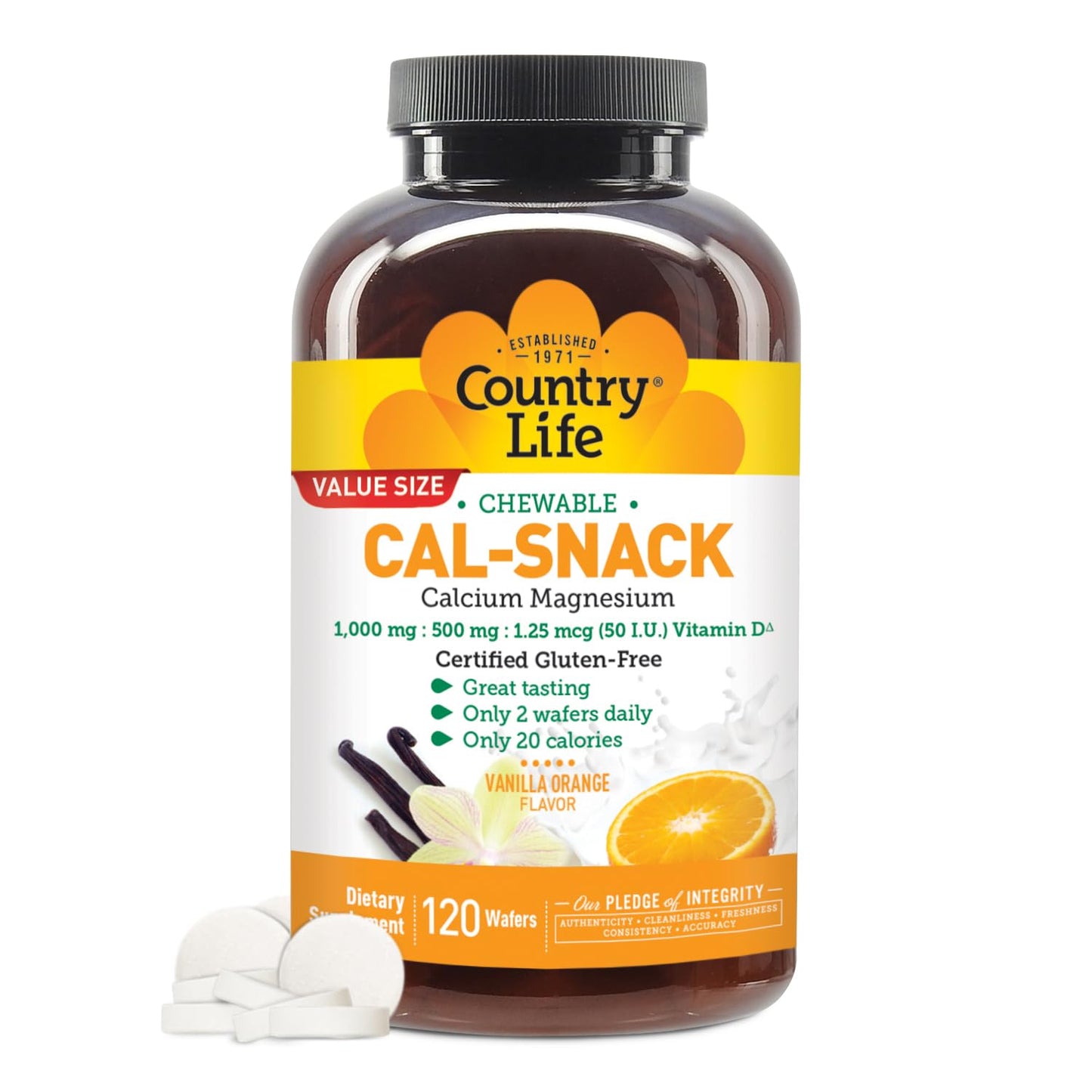 Country Life Cal-Snack - Chewable Calcium Magnesium Supplement wafers with Vitamin D3, Easy to Digest, Vanilla Orange Flavor, Dietary Supplement Country LifeBuy Supplements Australia