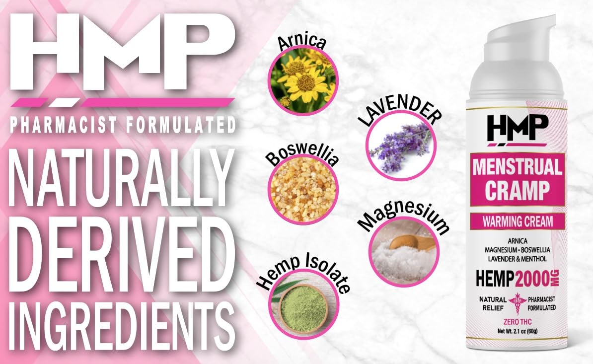 HMP BRANDS Menstrual Cramp Hemp Cream 2000MG with Menthol, Easy to Use, Natural Formula Made in USA 2.1oz HMP BRANDSBuy Supplements Australia