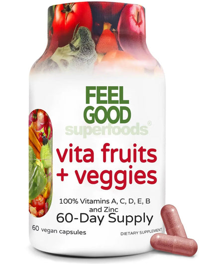 FeelGood Superfoods Vita Fruits and Veggies Capsules - 25 Superfood Ingredients, Fruit and Vegetable Multivitamin, 60 Count FeelGood Superfoods
