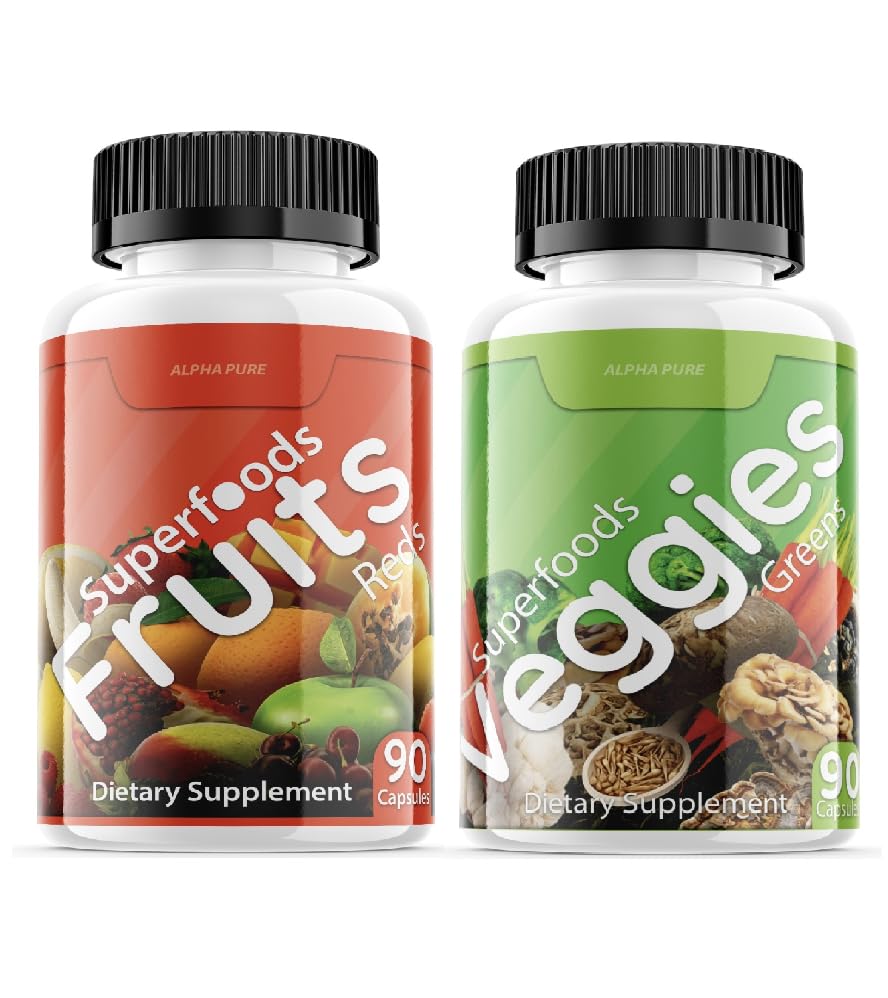 Alpha Pure Superfoods Reds Fruits and Greens 180 Capsules Vegetables Fruits and Veggies Superfood | Natural Balance of 90 Fruit Capsules, 90 Veggie Capsules for Men, Women Vitamins and Minerals Alpha PureBuy Supplements Australia