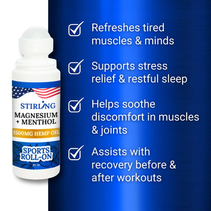 Stirling Menthol Roll On Lotion with Magnesium and 1500mg Pure Hemp - Non-GMO, THC-Free - Fast-Acting Relief for Sore Muscles and Joints, Reduces Swelling and Redness, Promotes Post-Workout Recovery STIRLINGBuy Supplements Australia