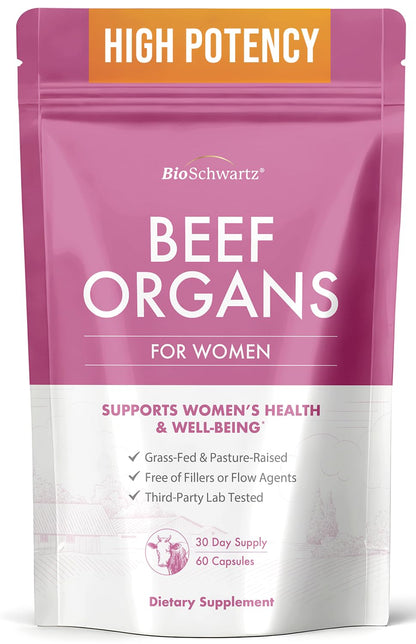 BioSchwartz Primal Beef Organ Supplement for Women - 60 Capsules - Grass-Fed & Pasture-Raised - Supports Healthy Hair Skin and Nails, Hormone Balance - with Bovine Liver, Kidney, Heart, Uterus Powder BioSchwartzBuy Supplements Australia