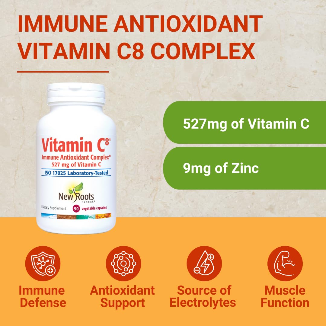 Vitamin C8 + Zinc Supplement for Higest Absorption (90 Capsules) | 527mg per Portion | 8 Buffered Sources of Vitamin C with Bioflavonoids, Green Tea & Quercetin for Stronger Defense | 3 months Supply NEW ROOTS HERBALBuy Supplements Australia