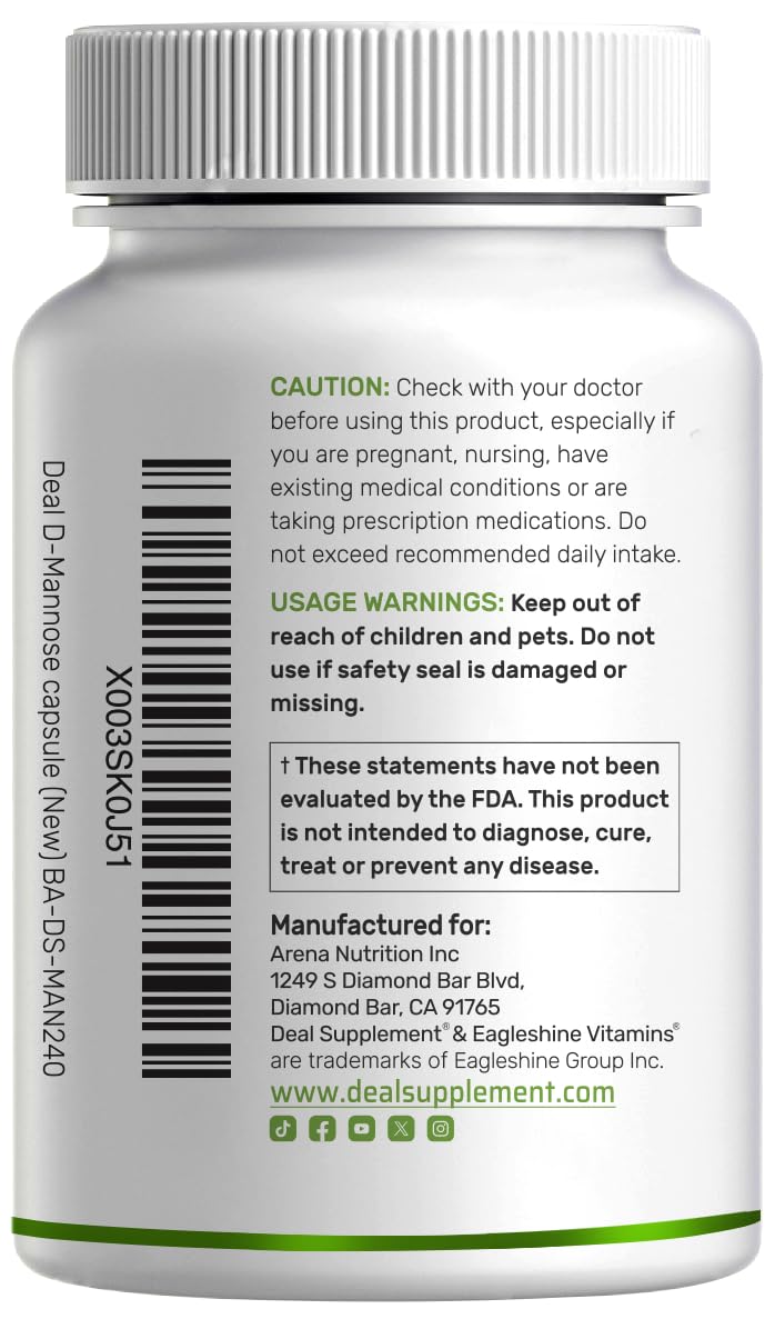 DEAL SUPPLEMENT D Mannose 500mg Capsules (2,000mg Per Serving), 240 Veggie Pills – Fast Acting Water-Soluble Form – Extra Strength Urinary Tract (UTI) Health Support – Non-GMO, Vegan Friendly DEAL SUPPLEMENTBuy Supplements Australia