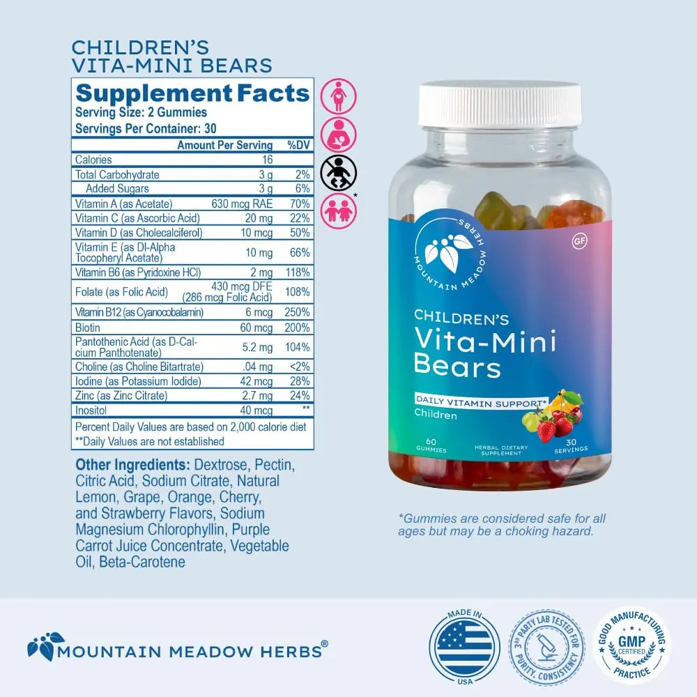 Mountain Meadow Herbs Vita-Mini Bears for Children | Multivitamin with Biotin, Folic & Pantothenic Acid, Iodin, Zinc | Mountain Meadow HerbsBuy Supplements Australia