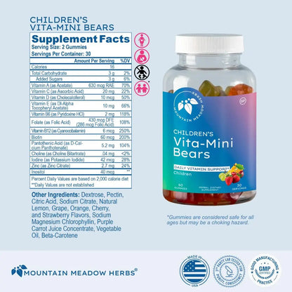 Mountain Meadow Herbs Vita-Mini Bears for Children | Multivitamin with Biotin, Folic & Pantothenic Acid, Iodin, Zinc | Mountain Meadow HerbsBuy Supplements Australia