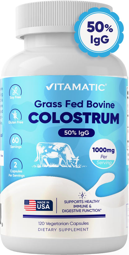 Vitamatic Bovine Colostrum Supplement 1000 mg per Serving - 50% Highest IgG - Supplement for Gut Health, Hair Growth, Beauty, Muscle Recovery, & Immune Support - 120 Capsules VitamaticBuy Supplements Australia