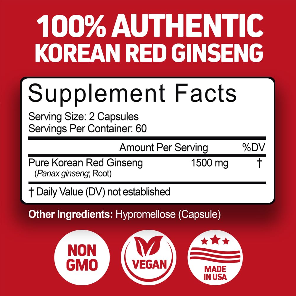 Herbtonics Korean Red Panax Ginseng 1500mg - Energy Supplement for Peak Performance, Focus & Vitality - High Potency Ginseng Root Extract - 240 Vegan Capsules HerbtonicsBuy Supplements Australia