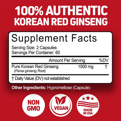 Herbtonics Korean Red Panax Ginseng 1500mg - Energy Supplement for Peak Performance, Focus & Vitality - High Potency Ginseng Root Extract - 240 Vegan Capsules HerbtonicsBuy Supplements Australia