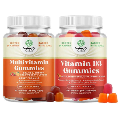 Bundle of Potent Daily Multivitamin Gummies - Wellness Blend of Vitamin D A C E B12 Zinc & Biotin for Energy & Immunity and Vitamin D3 Gummies Natures CraftBuy Supplements Australia