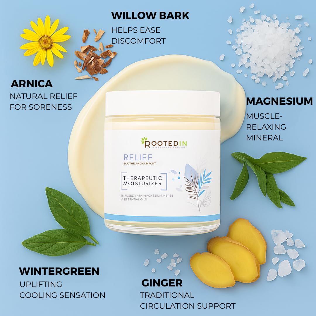 Rooted In Relief Magnesium Cream – 500mg Magnesium Chloride per Teaspoon – Enriched with Arnica, Comfrey & Botanical Blend – Targeted Muscle Support & Topical Relaxation – 4 oz Glass Jar Rooted InBuy Supplements Australia