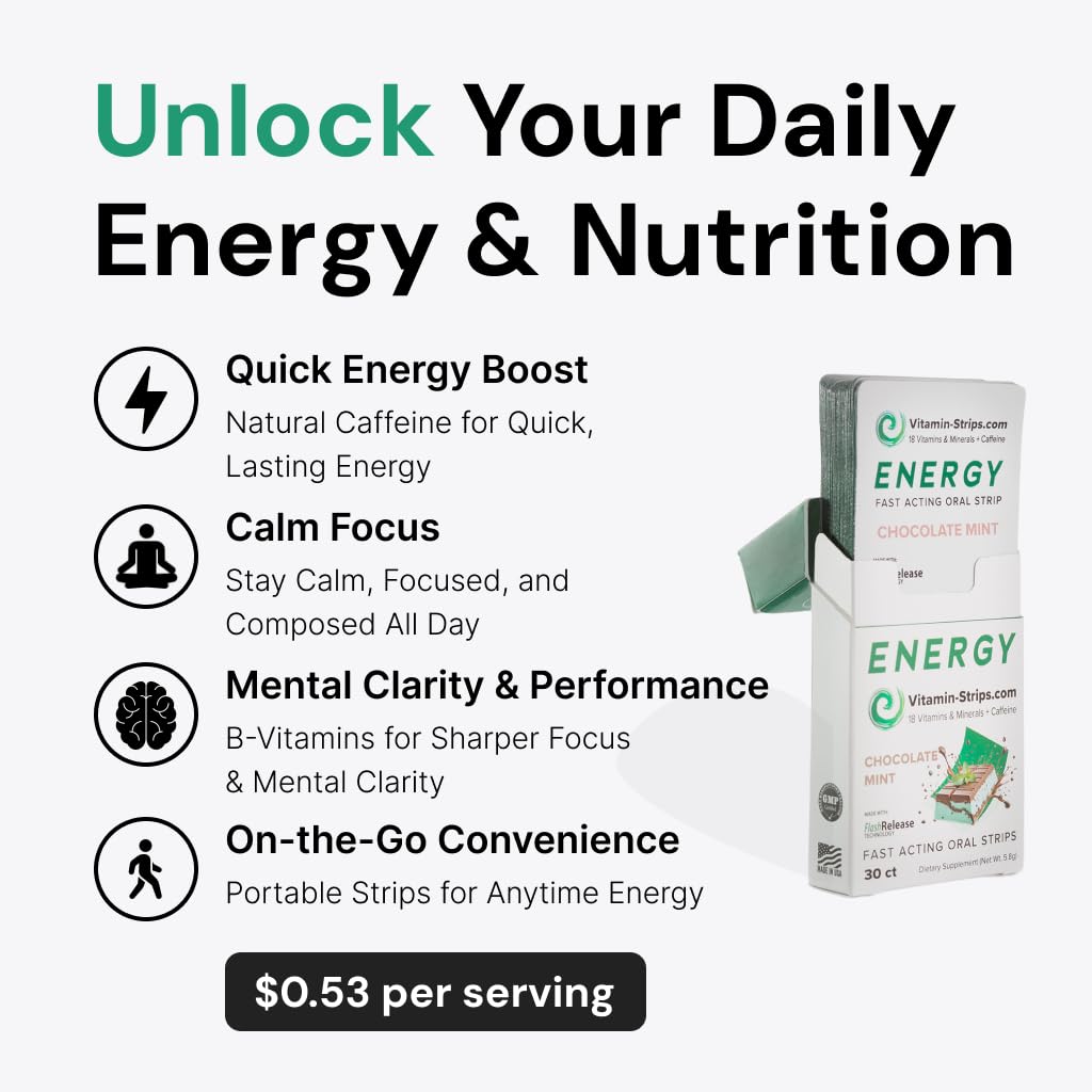Peak Performance Energy Strips — Vegan, Gluten Free, Soy Free & Sugar-Free Breath Strips w/Caffeine, 18 Vitamins & Minerals — Instant Energy Boost Chocolate Mint Dietary Supplement — 30 Oral Strips Vitamin-StripsBuy Supplements Australia